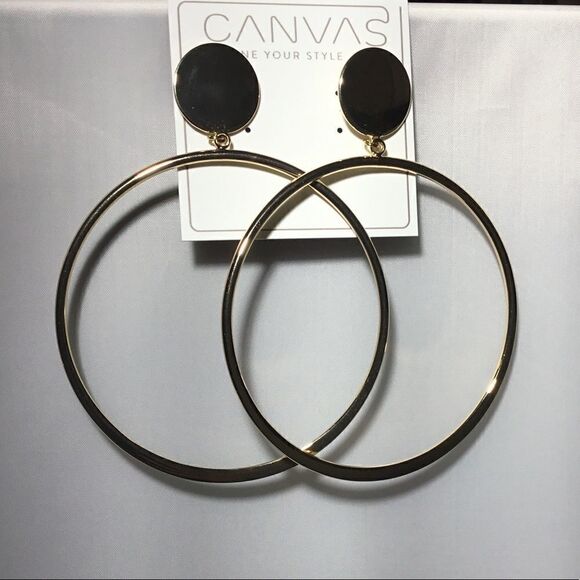 Canvas Large Gold Tone Post Hoop Earrings (G1) - Picture 1 of 7